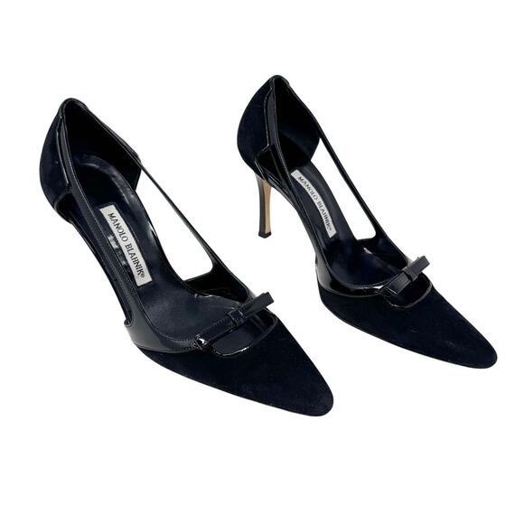 Manolo Blahnik Black Suede Patent D’Orsay Pumps Bow Detail Women’s EU 38.5 - Picture 2 of 9